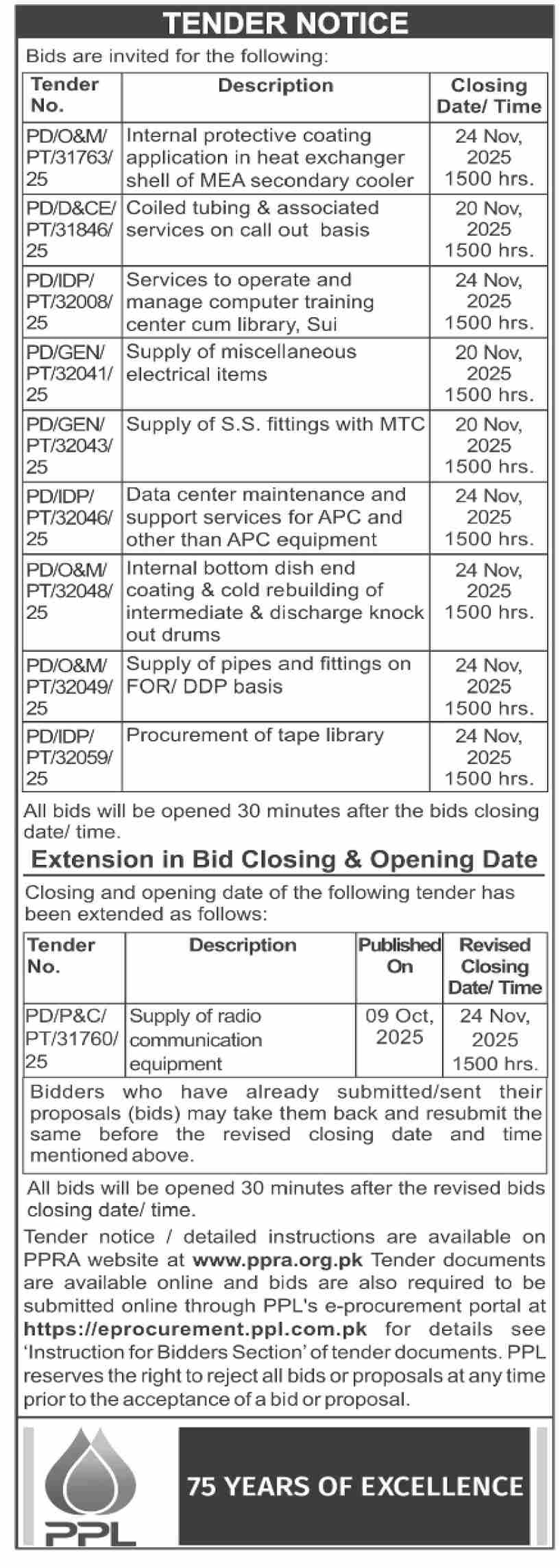PPL Tender Notice